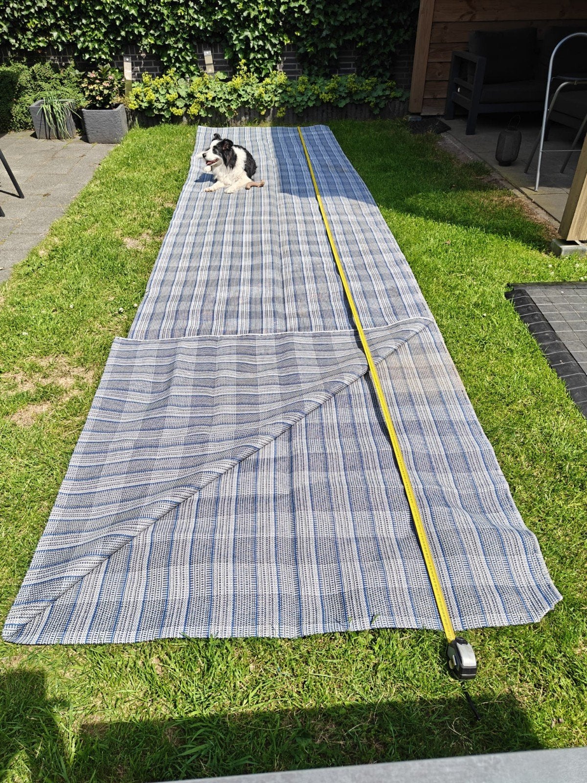kleed voor in de voortent blauw grijs creme, Ophalen of Verzenden, Gebruikt