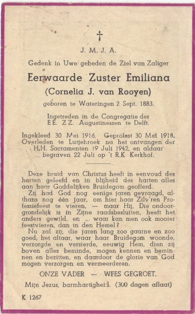 zr. Cornelia van Rooijen 1883 Wateringen + 1942 Lutjebroek, Verzenden