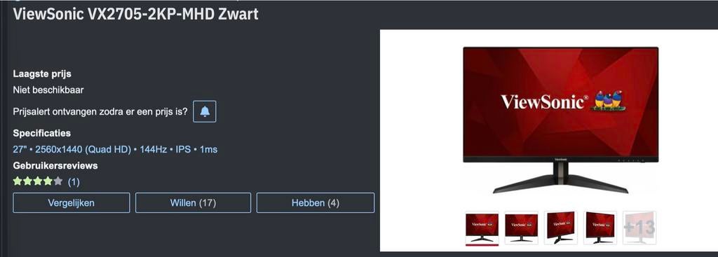 ViewSonic VX2705-2KP-MHD Zwart Gaming Monitor, IPS, 101 t/m 150 Hz, Minder dan 1 ms, Zo goed als nieuw