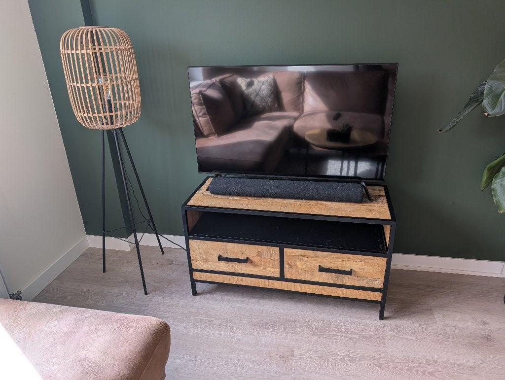 Industrieel Televisiemeubel van Mangohout 100x58x40, Ophalen, Gebruikt, 100 tot 150 cm, Minder dan 100 cm
