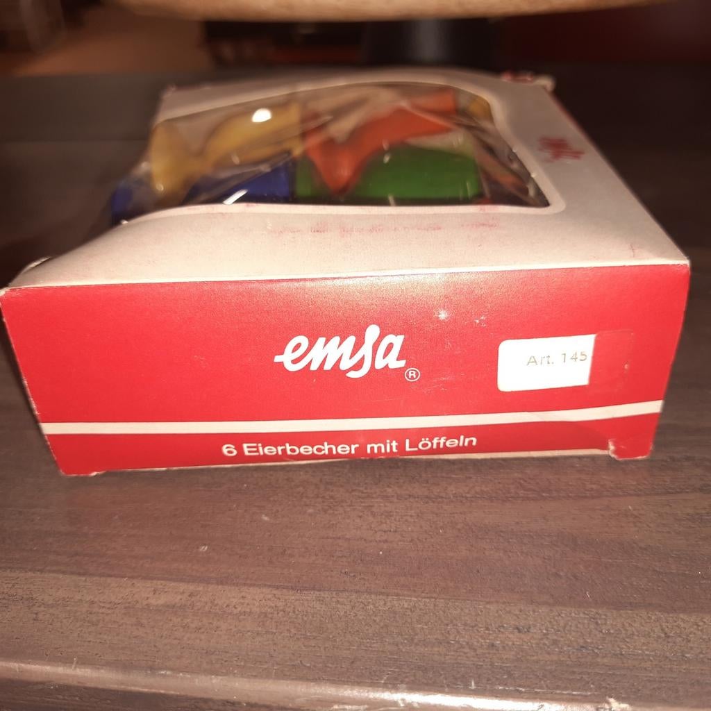Vintage set van 6 Emsa Eierdopjes met Lepeltjes, Ophalen of Verzenden, Nieuw, Kunststof, Meerkleurig