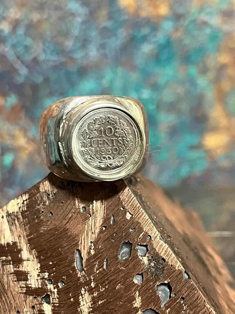 Zilveren zegel ring met 1930 zilveren dubbeltje, Sieraden, Tassen en Uiterlijk, Ringen, 19 tot 20, Nieuw, Ophalen of Verzenden