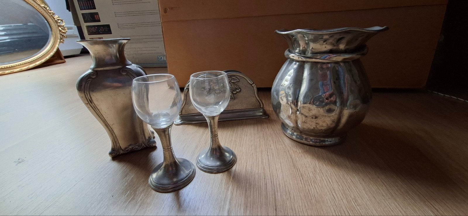 Set van 5 stuks 95% zilvertin decoratie en glazen, Ophalen of Verzenden