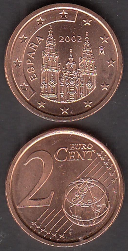 Spanje 2 eurocent 2002 UNC in munthouder (lastig), Ophalen of Verzenden, Spanje, 2 cent, Losse munt