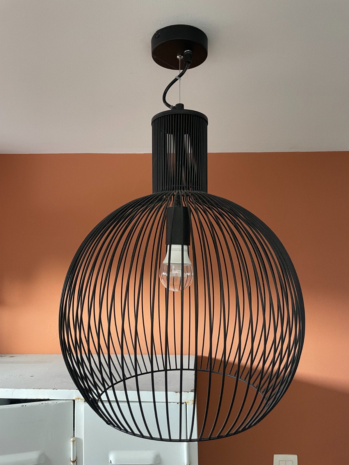 Hanglamp rond zwart metaal, Ophalen, Zo goed als nieuw, Metaal, E27 (groot)