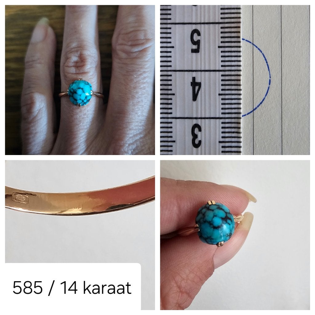 Gouden ring 14 karaat met turkoois steen, Sieraden, Tassen en Uiterlijk, Ophalen of Verzenden, Zo goed als nieuw, 17 tot 18, Met edelsteen