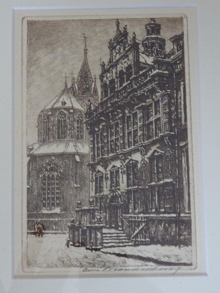 Cornelis Brandenburg - Den Haag - Stadhuis, Antiek en Kunst, Kunst | Etsen en Gravures, Ingelijst, Ets, Stadsgezicht, Ophalen of Verzenden