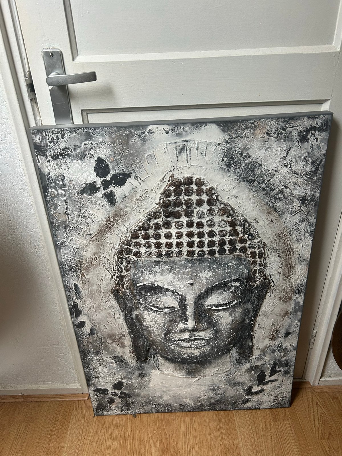 Schilderij Boeddha Hoofd - Grijs/Wit met Textuur, Ophalen, Zo goed als nieuw, Schilderij