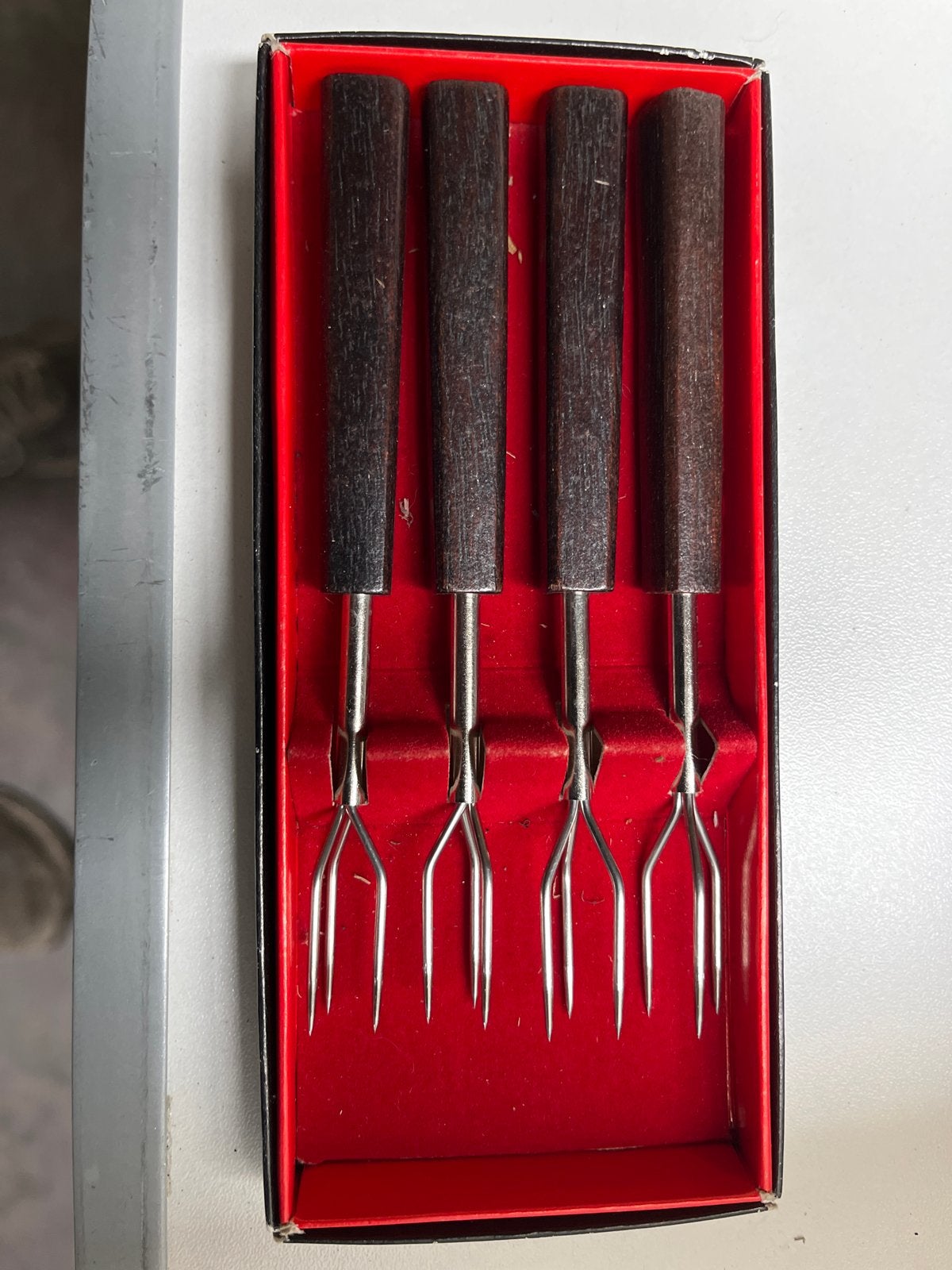 Vintage fonduevorkjes set - 4 stuks met houten handvat, Ophalen of Verzenden