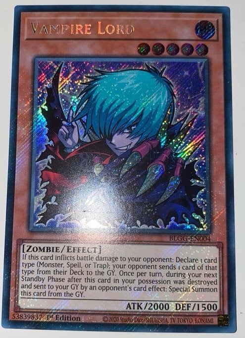 Yu-Gi-Oh! Toon Style Vampire Lord BLGG 1st Foil Bleed 🩸, Ophalen of Verzenden, Zo goed als nieuw, Losse kaart, Foil