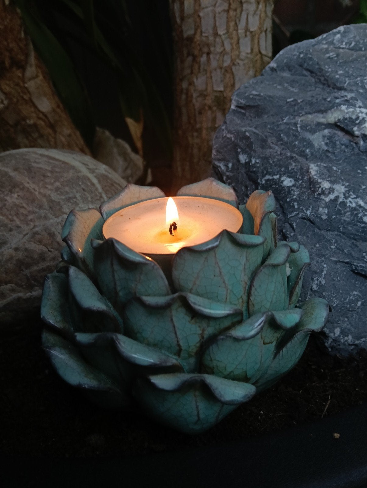 Rose Keramieken Waxinelichthouder - Groen/Turquoise, Ophalen of Verzenden, Zo goed als nieuw, Groen, Waxinelichthouder