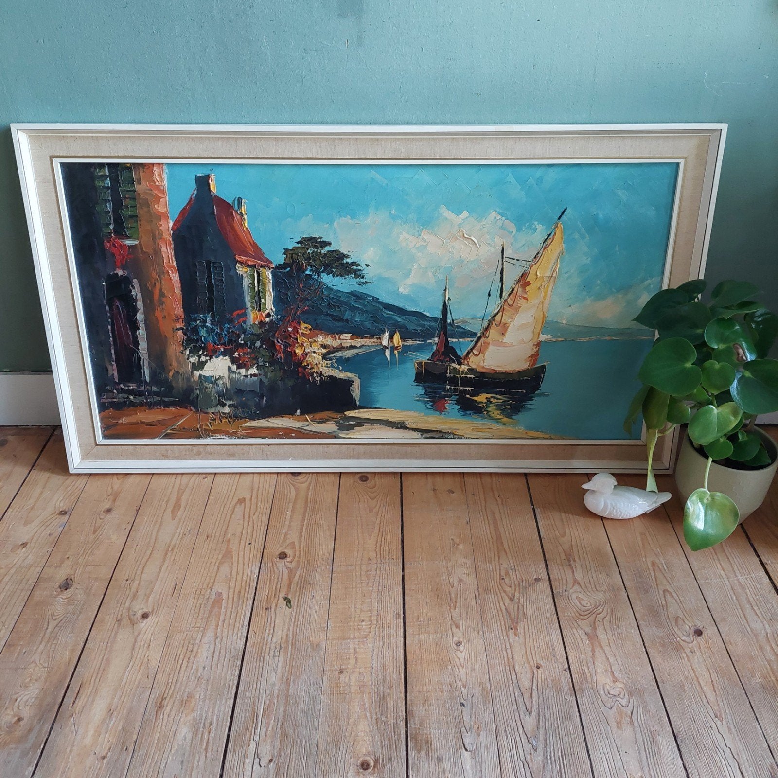 Lucky Vintage groot midcentury schilderij handgeschilderd, Ophalen, Maritiem / water, Overige ondergronden, Impressionistisch