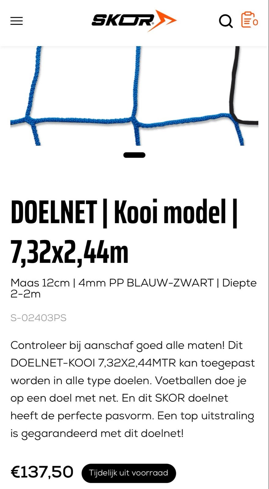 SKOR Doelnet Zwart/Blauw voor Groot Voetbaldoel 7.32x2.44m, Ophalen, Nieuw, Overige typen