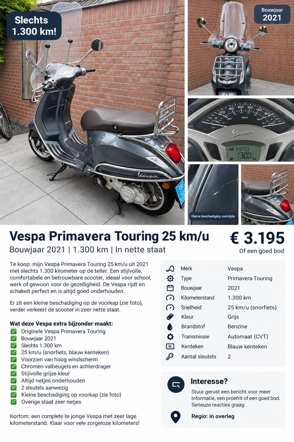 Vespa Primavera Touring 25 km/u | 2021 | Slechts 1.300 km, Fietsen en Brommers, Scooters | Vespa, Ophalen, Zo goed als nieuw, Benzine