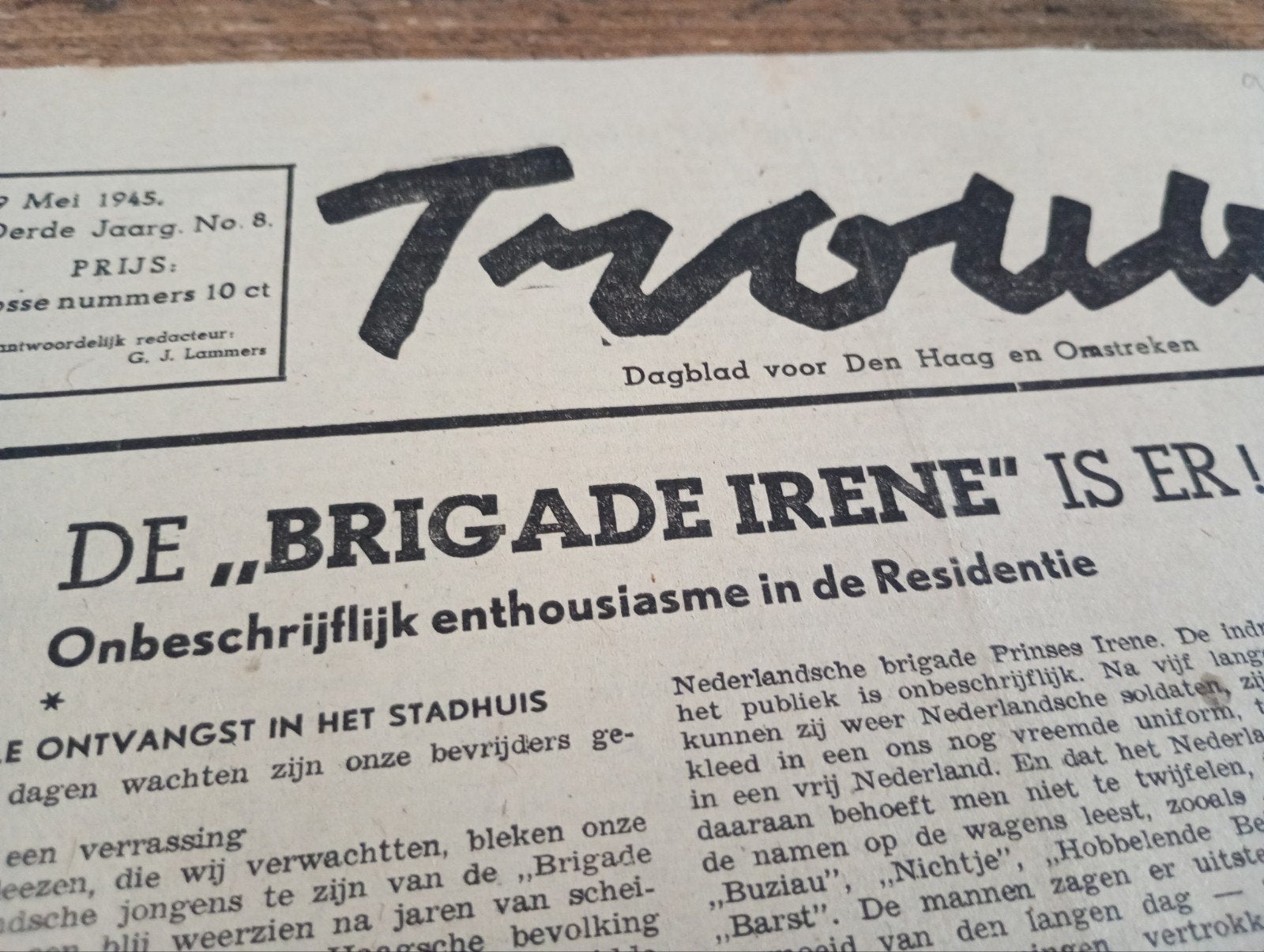Prinses Irene Brigade is er Trouw 9 mei 1945, Verzamelen, ., Ophalen of Verzenden, ., Nederland