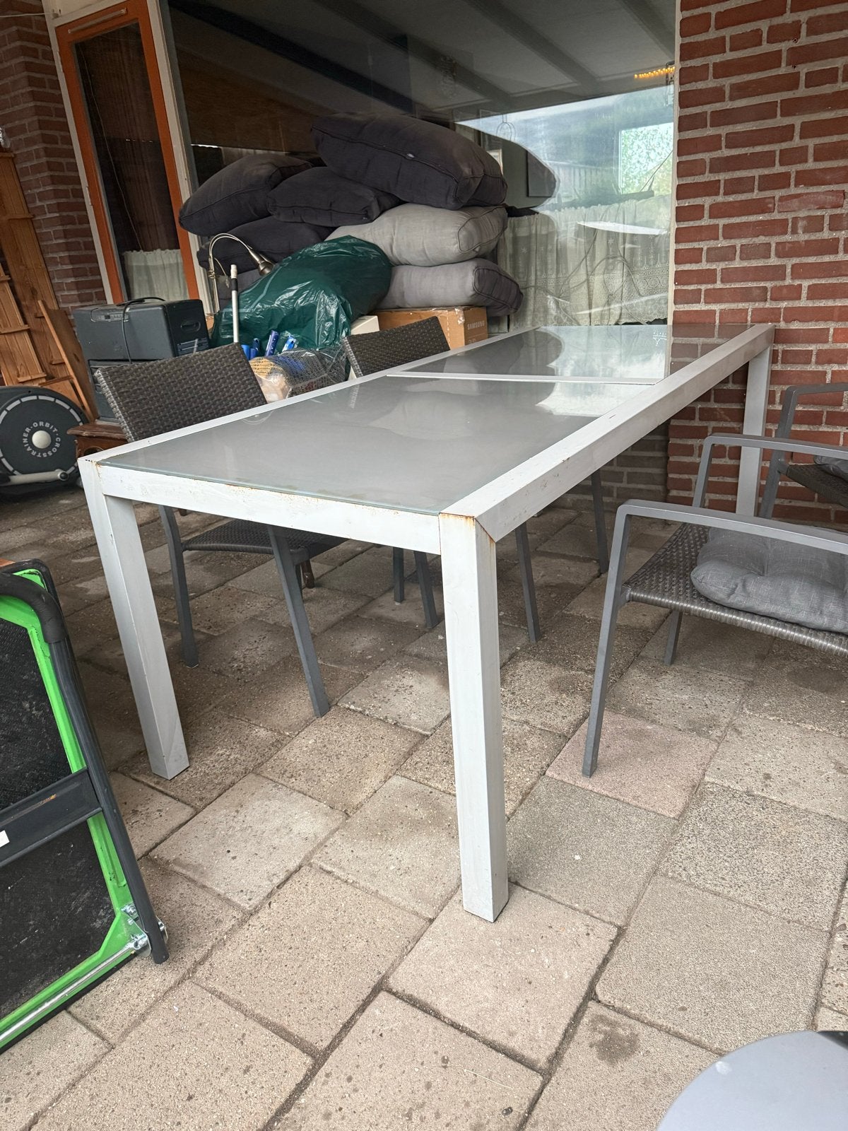 Grote tuintafel met glazen blad - 200x90x76 cm, Ophalen, Gebruikt, Rechthoekig, Metaal