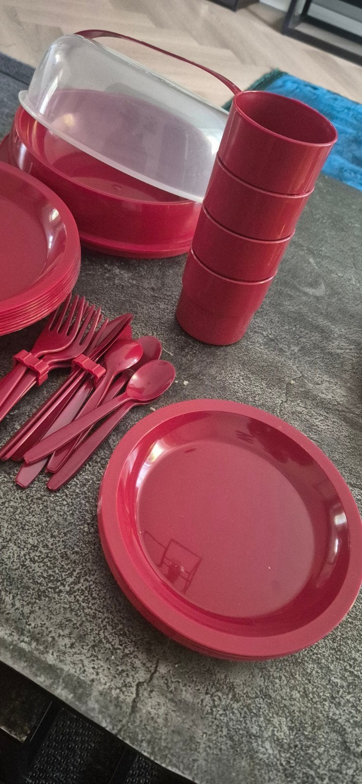 Rood picknickservies met taartstolp, Kunststof, Overige merken, Nieuw, Ophalen of Verzenden