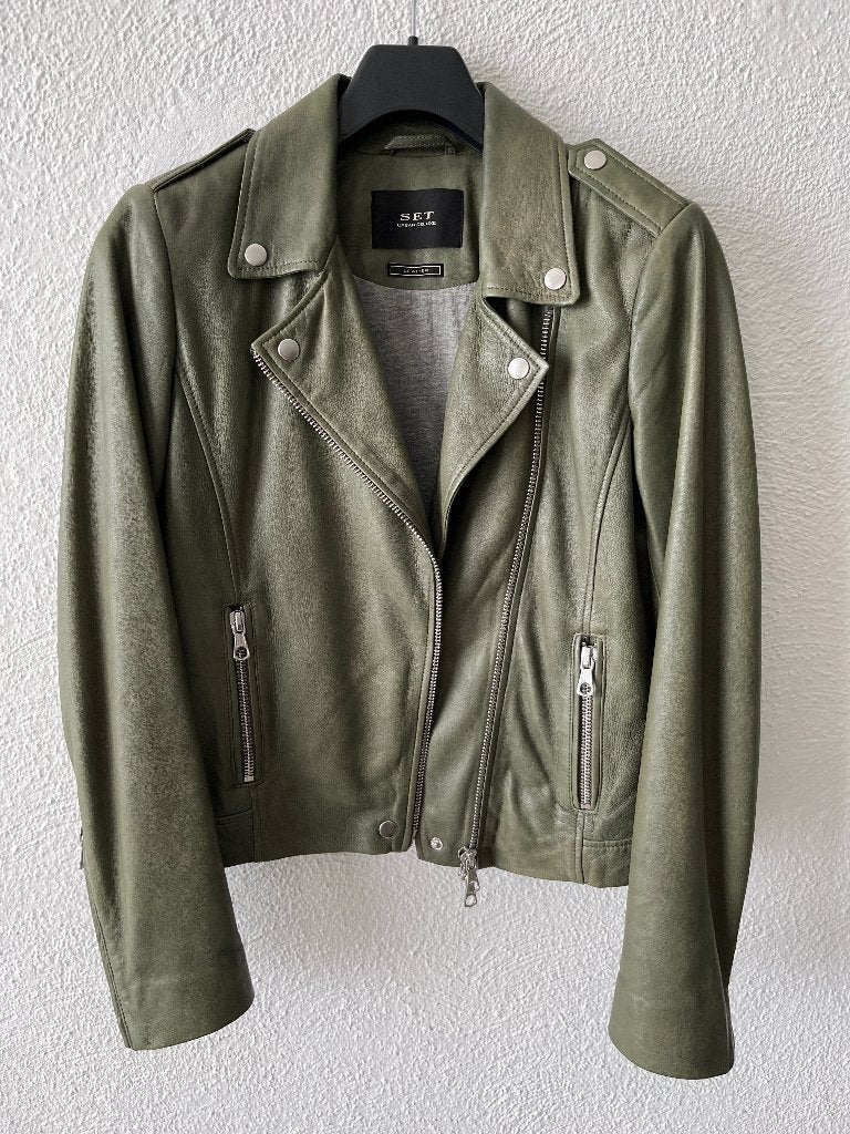 SET pauw groen leren jasje, Kleding | Dames, Maat 38/40 (M), SET, Verzenden, Zo goed als nieuw