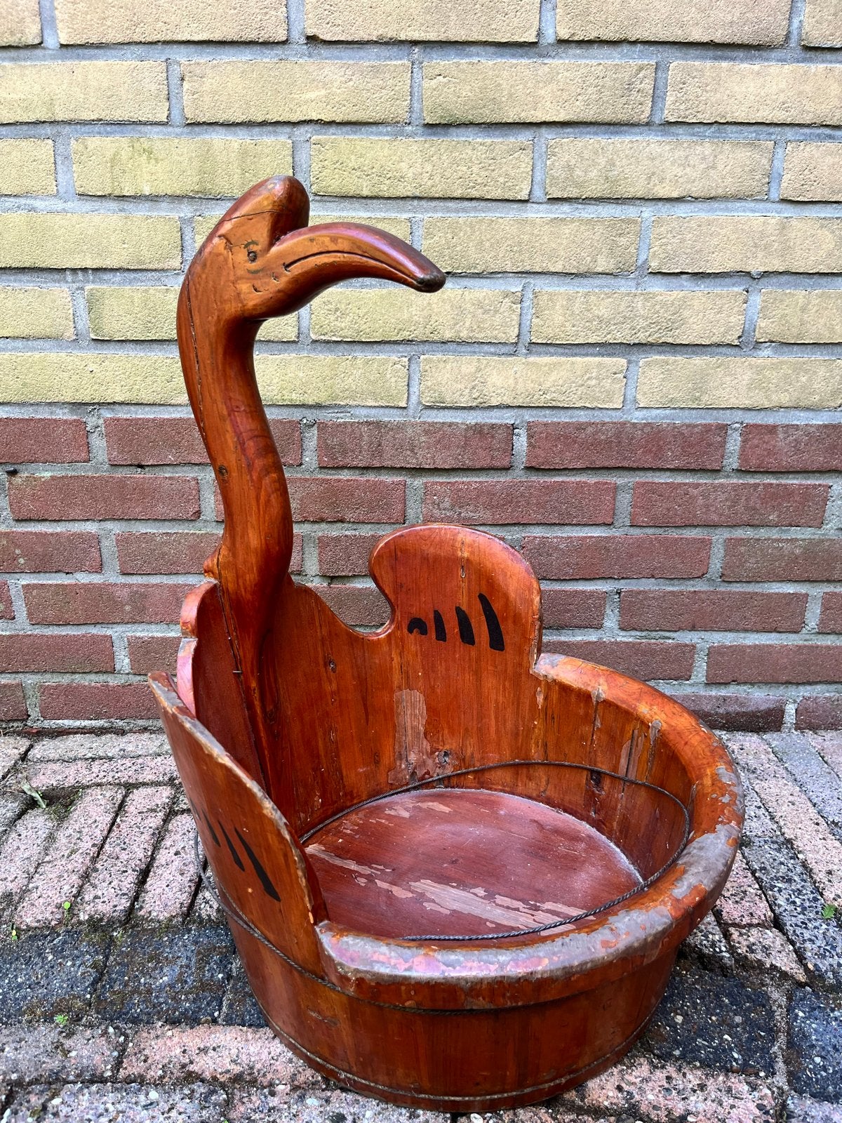Vintage houten kraanvogel wasmand uit Fujian, ca. 1950, Ophalen