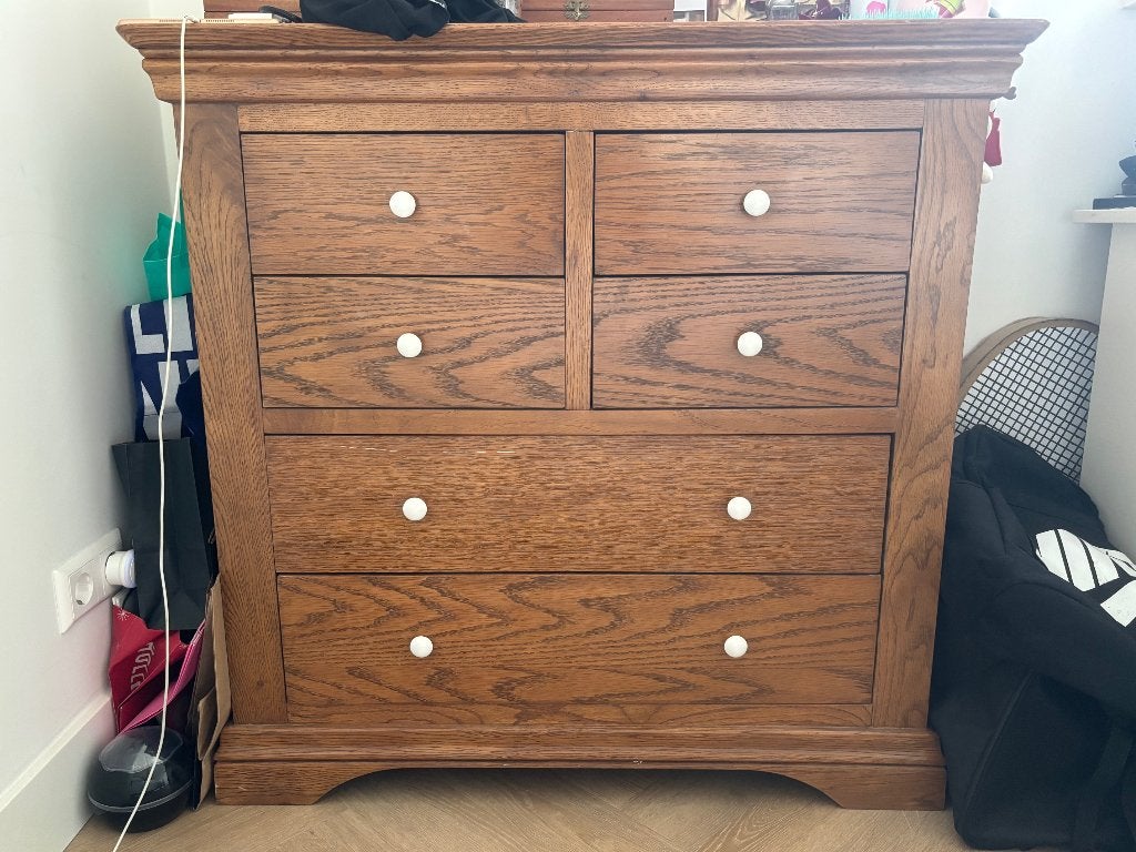 Massief eiken slaapkamerset ladekast + 2 nachtkastjes, Ophalen, Gebruikt, Minder dan 45 cm, 70 cm of meer