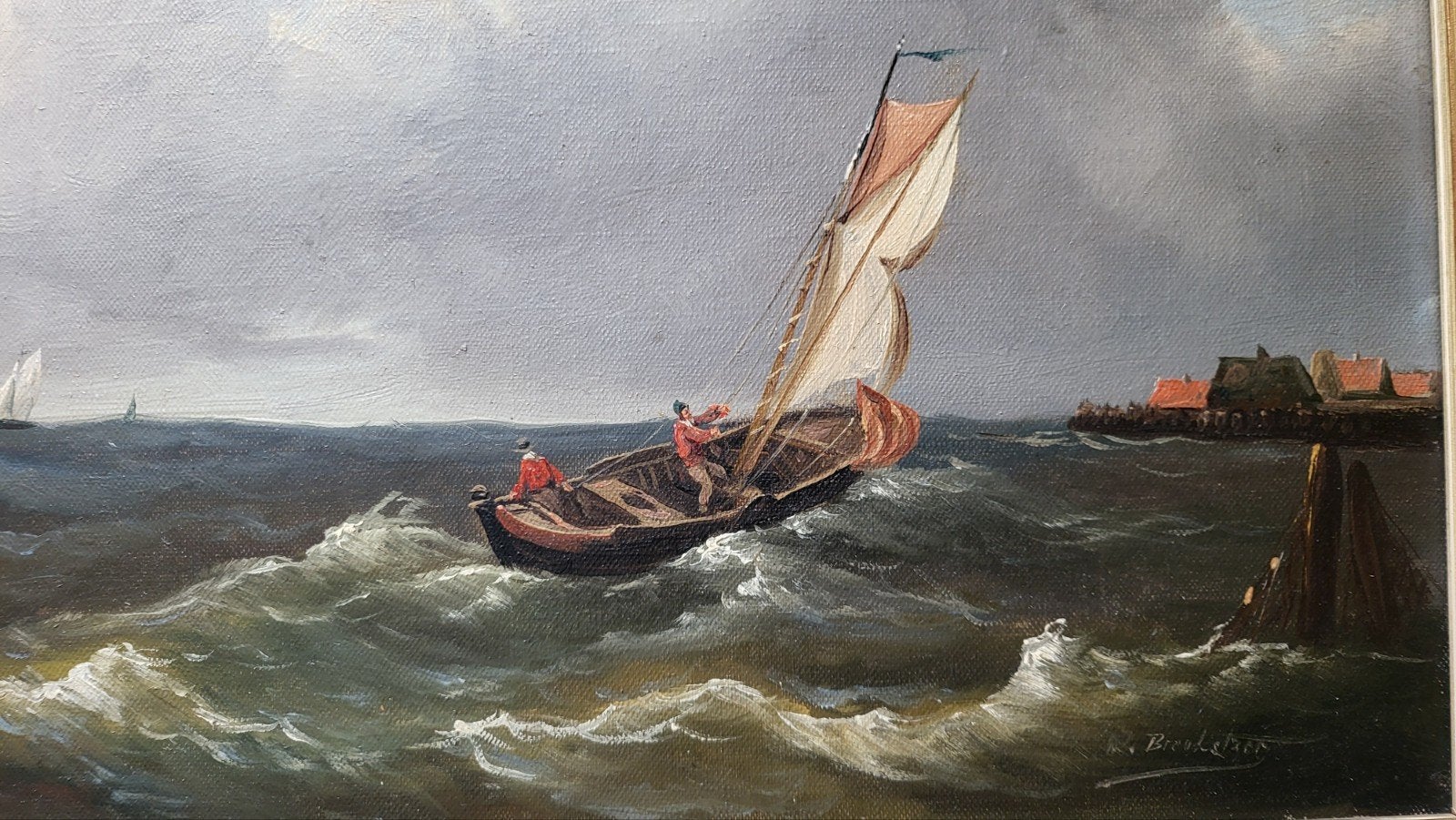 Signatuur onbekend - Schilderij met zee 19de eeuw, Maritiem / water, Doek, Realistisch, Ophalen of Verzenden