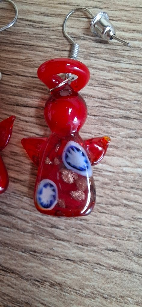 Rode glazen engeltjes oorbellen Murano Millefiori stijl, Overige materialen, Hangers, Onbekend, Ophalen of Verzenden