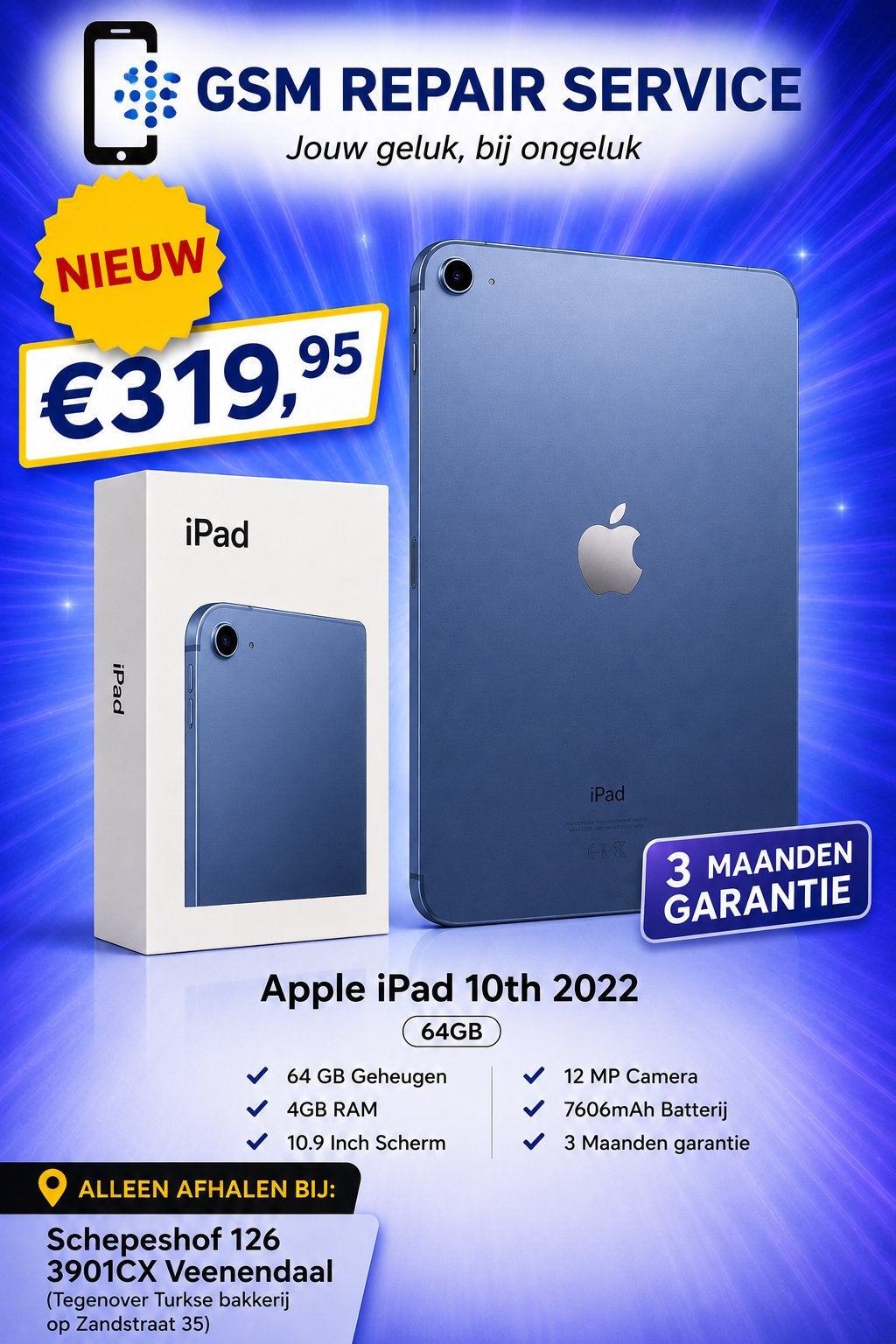 Apple iPad 10e Generatie (2022) 64GB Blauw – In Goede Staat, Ophalen