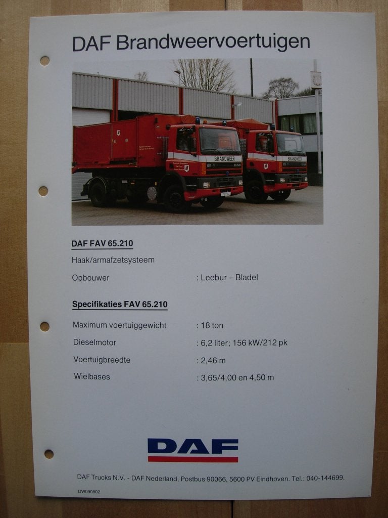DAF FAV 65 210 pk Brandweer Specificatie Folder 1993, Ophalen of Verzenden, Zo goed als nieuw, Overige merken, DAF