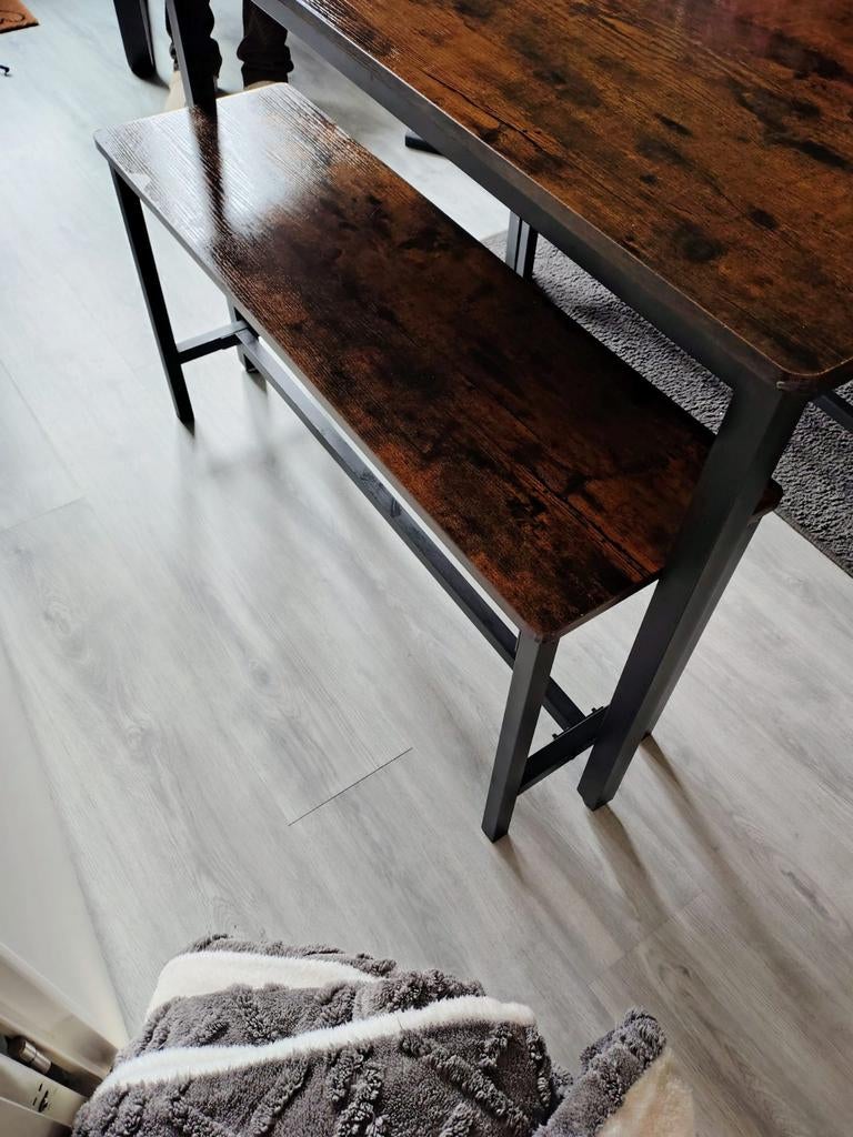 Eettafel met bankje - Industrieel design, Huis en Inrichting, Tafels | Eettafels, Overige houtsoorten, Gebruikt, 100 tot 150 cm
