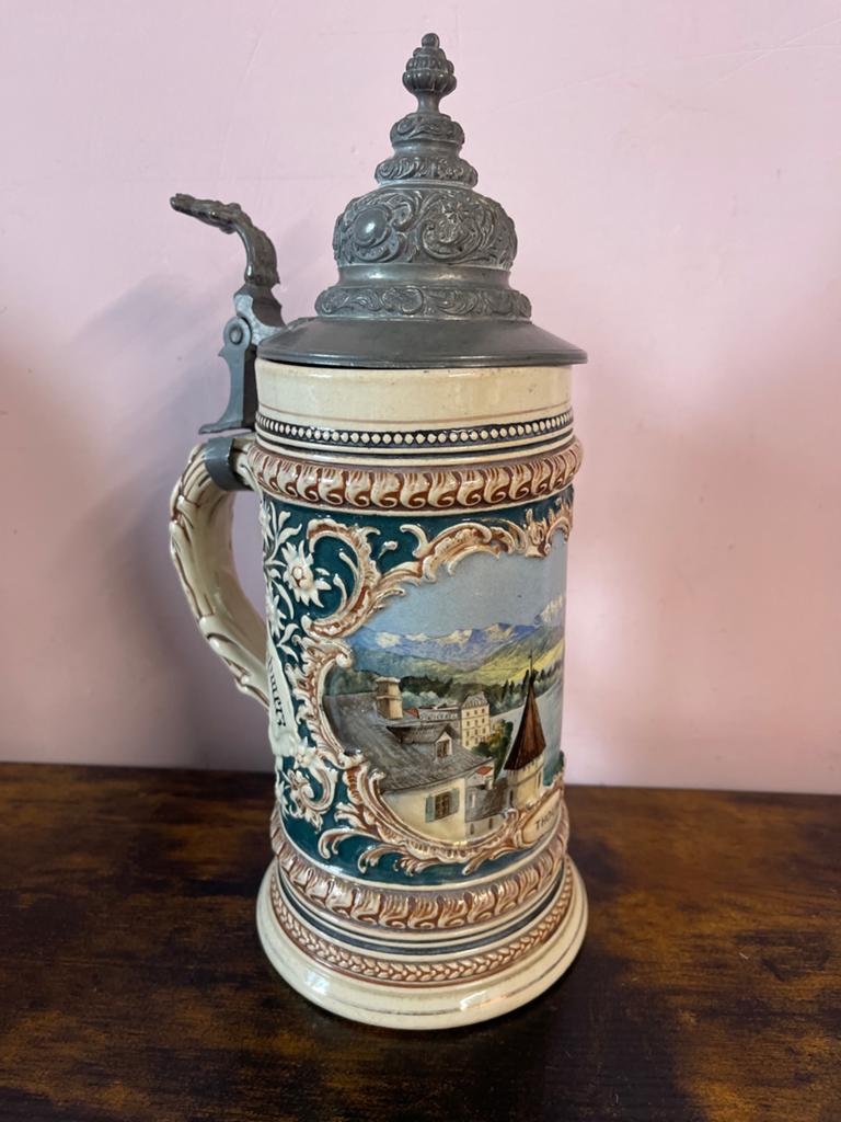 Antieke Duitse Bierpul met Tin Deksel en Landschap, Ophalen of Verzenden