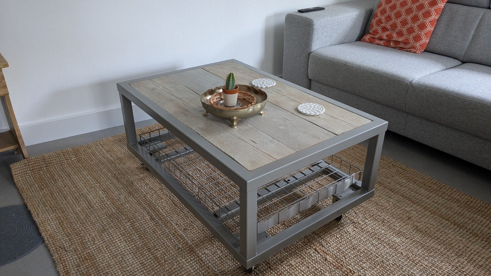 stoere salontafel metaal frame met steigerhout, Ophalen, Gebruikt, 100 tot 150 cm, 50 tot 100 cm