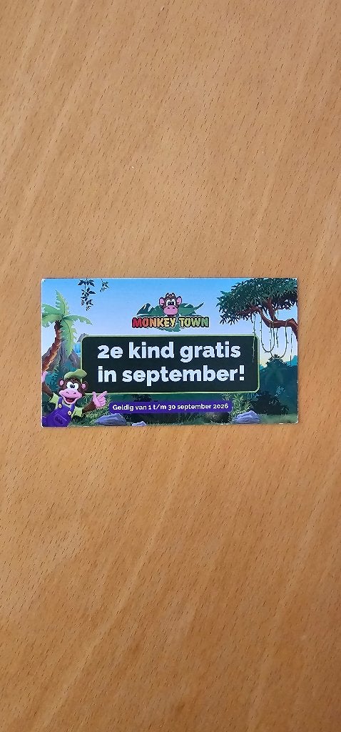 Monkey Town Voucher - 2e kindje GRATIS, Twee personen, Kortingskaart