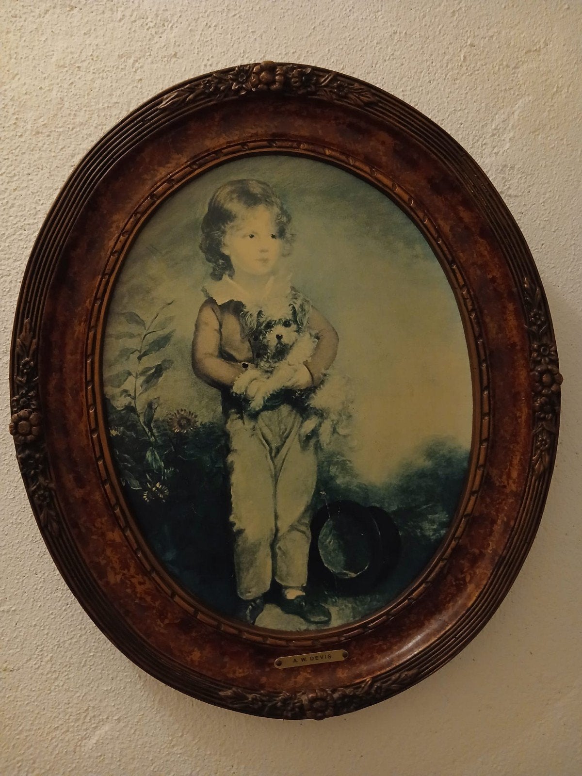 Antieke ingelijste prent van kind met hondje, Portret of Personen, Ophalen of Verzenden, Klassiek, Print