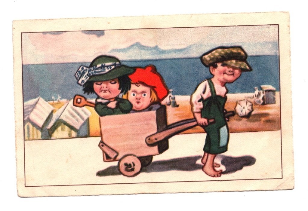 Oude Ansichtkaart Kinderen Kruiwagen Strand Gelopen, Ophalen of Verzenden, 1920 tot 1940, Gelopen, Overige thema's