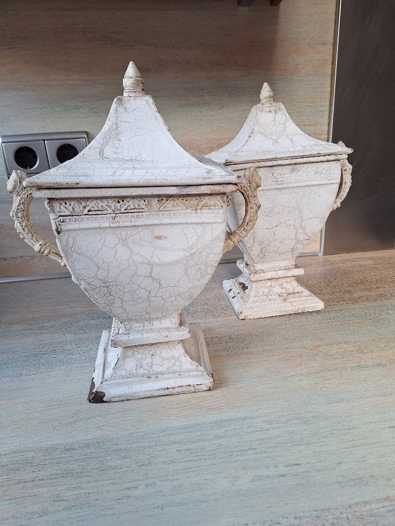 Set van 2 decoratieve bokalen met deksel - Brocante stijl, Ophalen, Metaal, Wit, Gebruikt