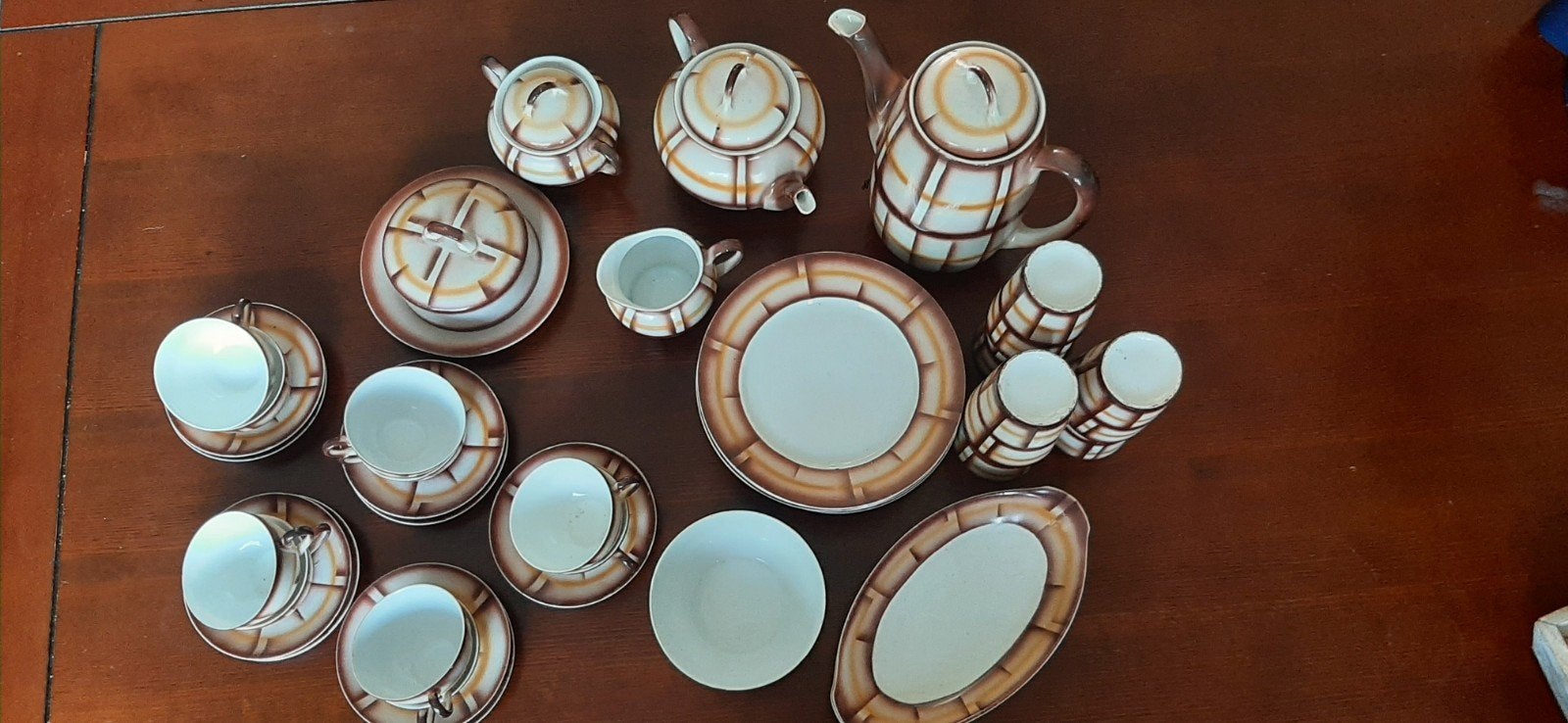 Vintage servies bruin/beige ruitpatroon. duits art deco, Ophalen, Overige typen, Zo goed als nieuw, Overige stijlen