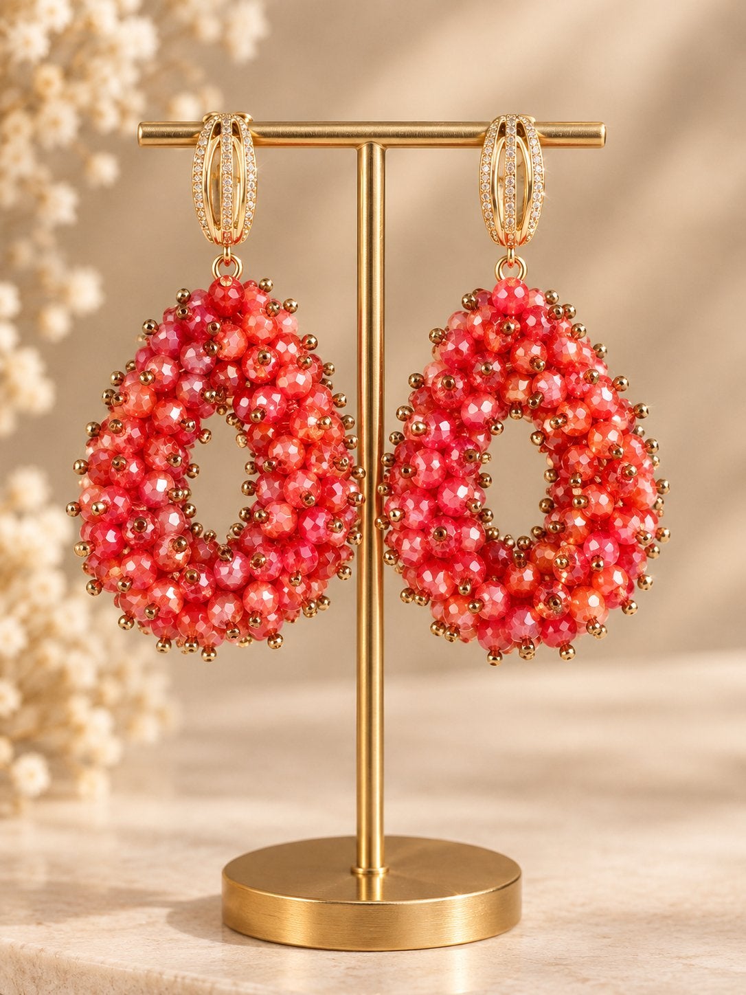 Koraalrode Glassberry Oorbellen met 18k Verguld Goud, Sieraden, Tassen en Uiterlijk, Met kristal, Hangers, Verzenden, Nieuw
