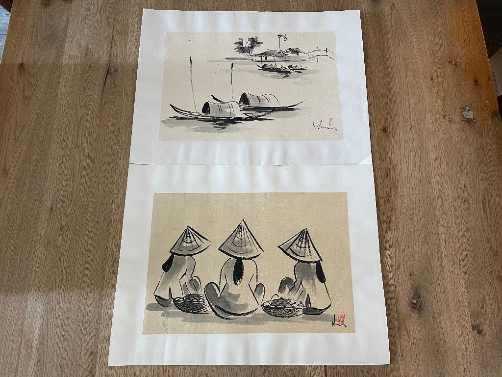 C130 Originele tekeningen uit Vietnam op rijstpapier Mekong, Ophalen of Verzenden