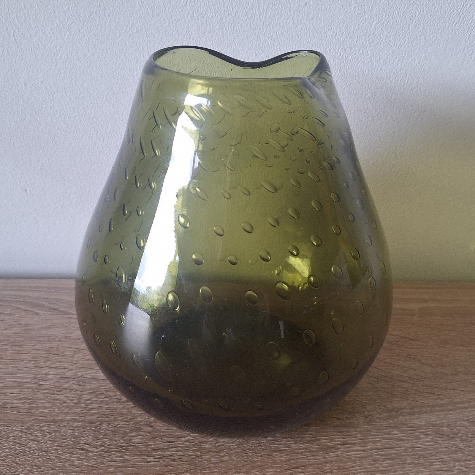 Mid-Century Modern Bubbelglas Vaas – Olijfgroen, Ophalen of Verzenden