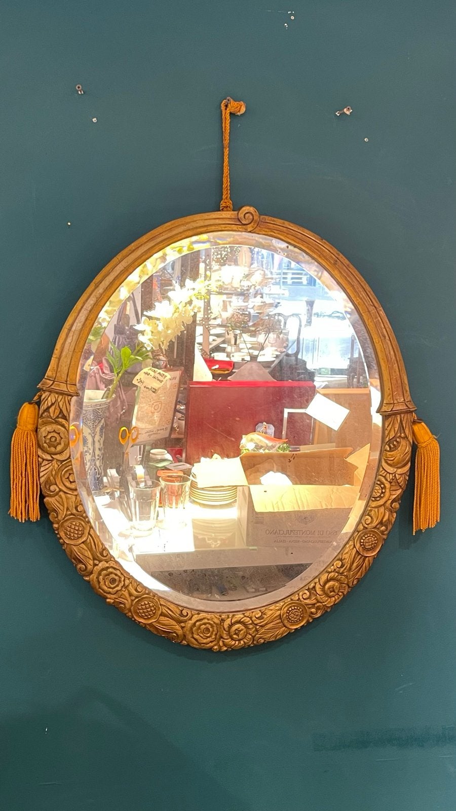 Ovale Art Deco facetgeslepen spiegel met cornucopia lijst, Ophalen of Verzenden, Ovaal, Minder dan 50 cm, Minder dan 100 cm