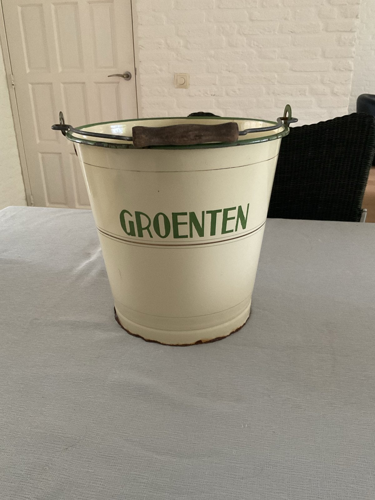 Vintage Emaille Groenten Emmer - Crème met Groen, Ophalen