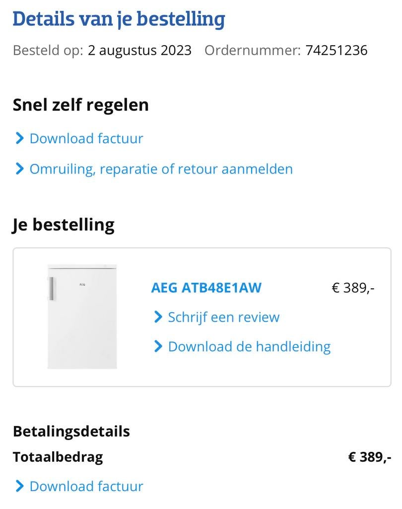 AEG ATB48E1AW Koelkast - Zo goed als nieuw!, Ophalen, Minder dan 85 cm, Energieklasse A of zuiniger, 45 tot 60 cm