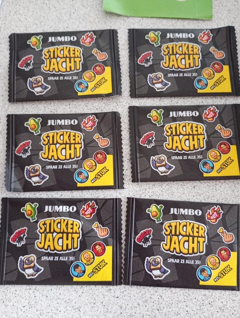 6 dichte zakjes Jumbo sticker jacht stuk tv, Jumbo, Ophalen of Verzenden