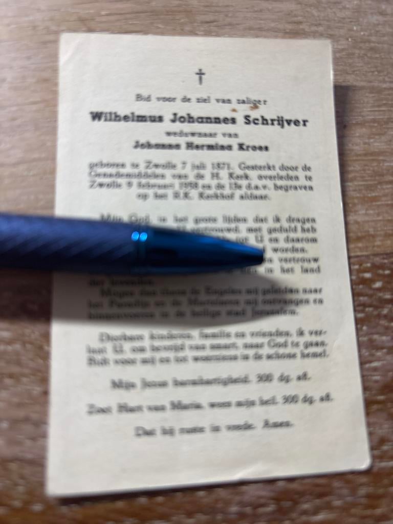Schrijver Wilhelminus 1871 Zwolle 1958 x Kroes - E01564 -, Verzamelen, Bidprentjes en Rouwkaarten, Ophalen of Verzenden, Bidprentje
