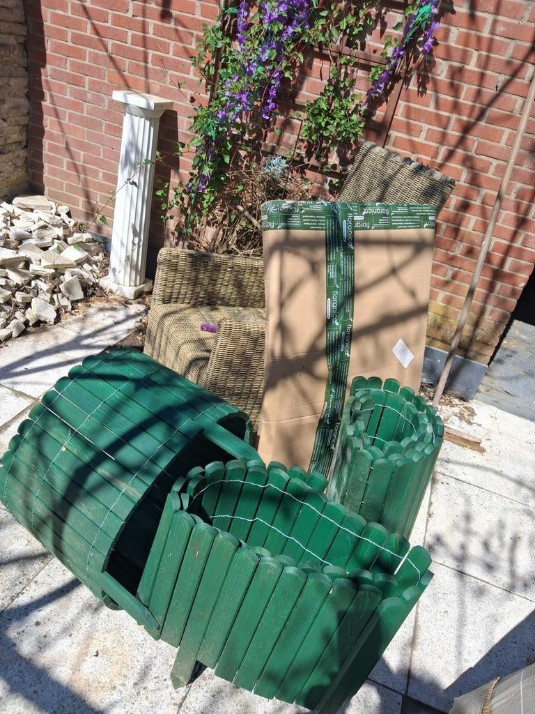 Groene houten border/palissade 198 cm breed, 58 cm hoog, Gebruikt, 100 tot 200 cm, 25 cm of meer, Ophalen of Verzenden