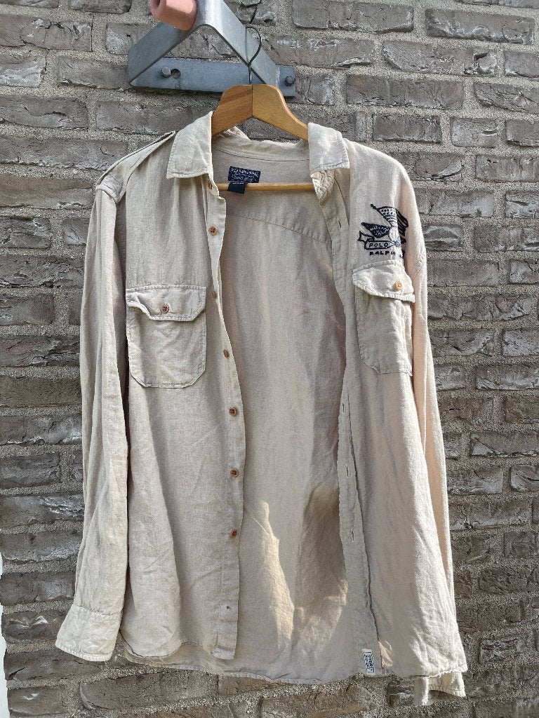 Linnen Overhemd Polo Ralph Lauren maat M, Ophalen of Verzenden, Zo goed als nieuw, Beige