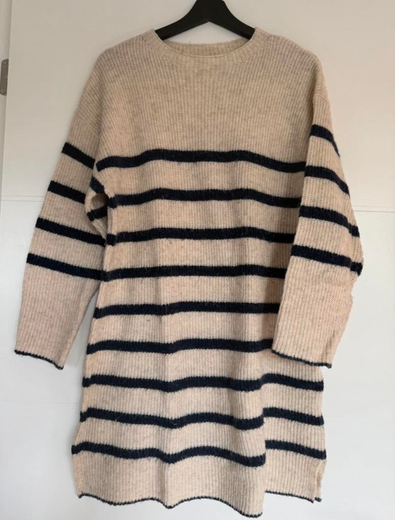 Pigalle witte wollen jurk met blauwe strepen - Maat S, Kleding | Dames, Jurken, Ophalen of Verzenden, Zo goed als nieuw, Maat 36 (S)