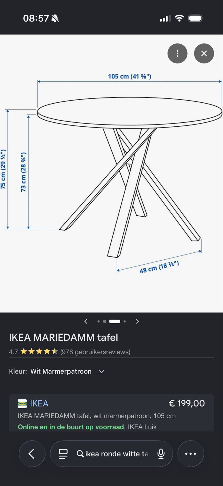 IKEA MARIEDAMM ronde witte tafel met gekruiste poten, Huis en Inrichting, Ophalen, Overige materialen, 100 tot 150 cm, Rond