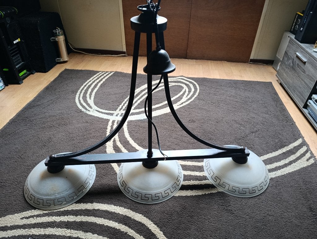 Hanglamp / plafondlamp met 3 glazen kappen – Griekse stijl, Huis en Inrichting, Ophalen, Art deco, Hanglamp, Zwart