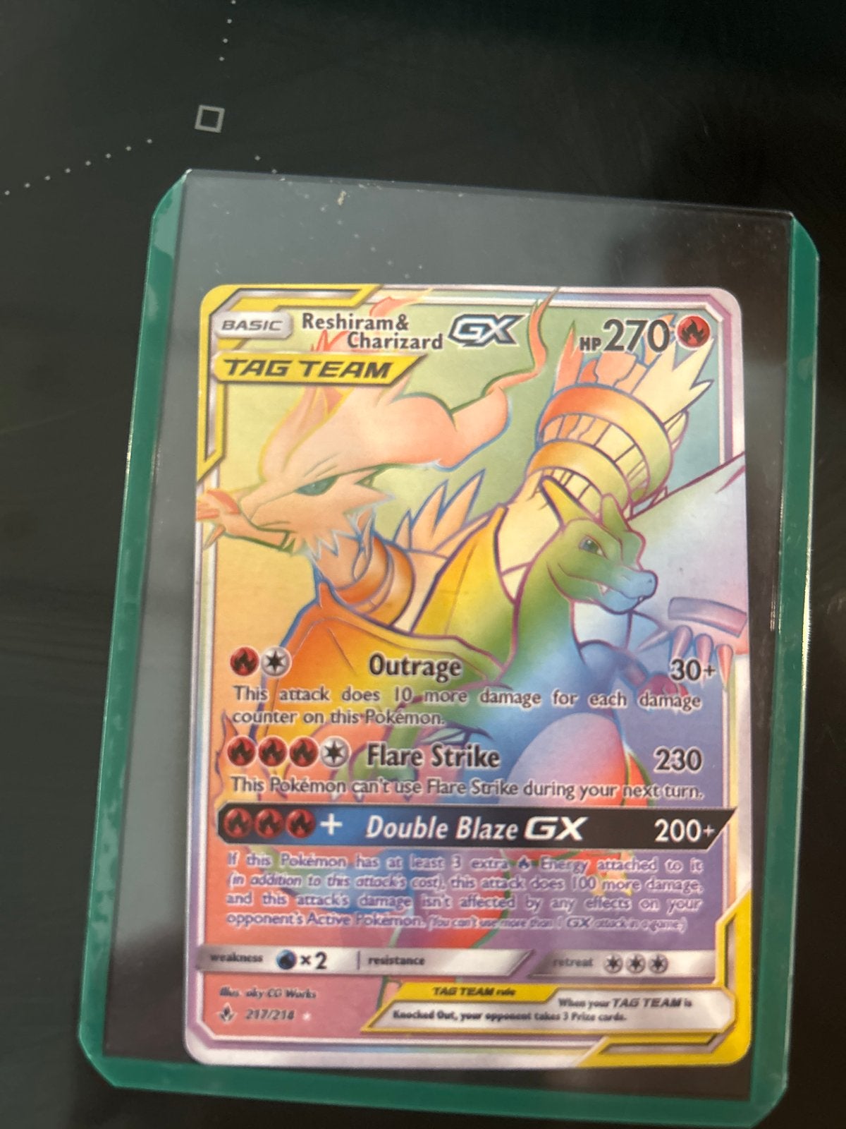 Pokémon 217/214 Reshiram & Charizard GX TAG TEAM Full Art, Ophalen of Verzenden, Zo goed als nieuw, Losse kaart